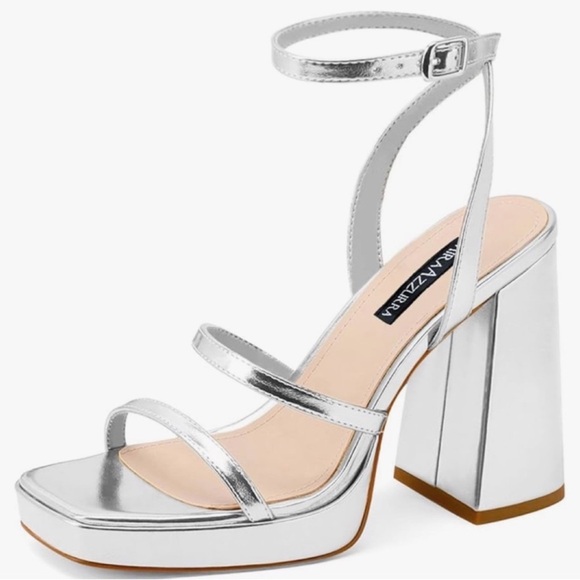 MIRAAZZURRA Silver Strappy Block Heel Sandals size 8 heel 4” NIB - Picture 2 of 10